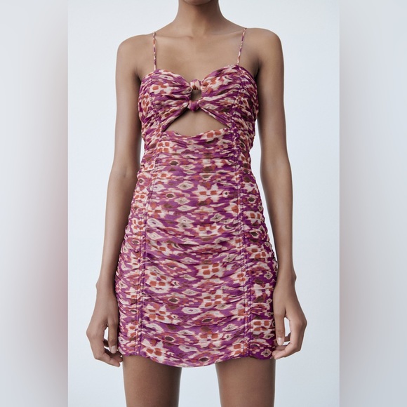 Zara Purple watercolor floral printed dress with draped front knots - Picture 1 of 6